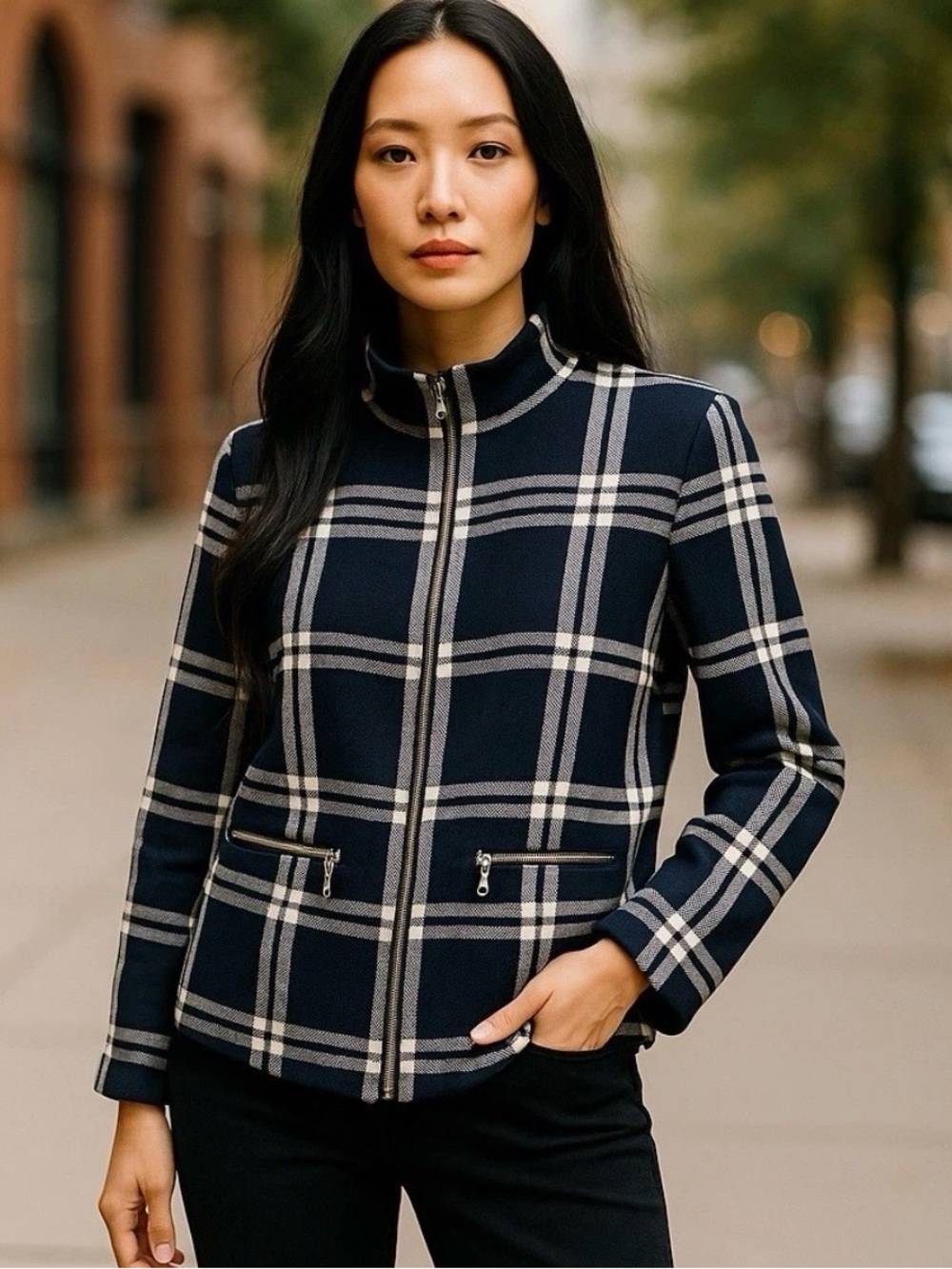 Lauren Ralph lauren Plaid Zip-Front Women's Jacket - Black-White